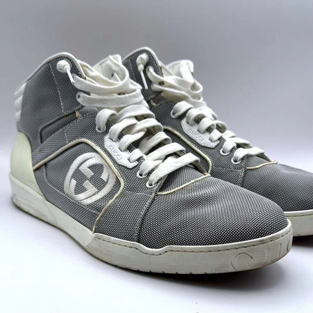 Gucci High Top Sneakers Grey Canvas Interlocking G Logo Men's size 12 309517